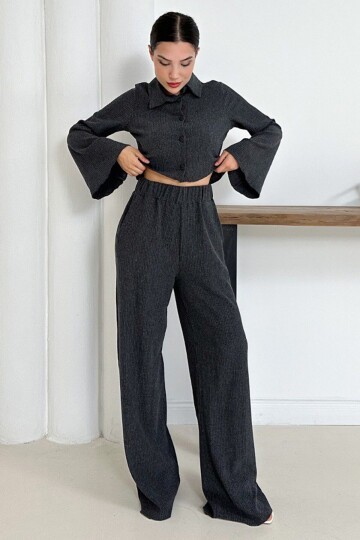 Geniş Kol Crop Gömlek Ve Beli Lastikli Pantolon Fitilli Takım