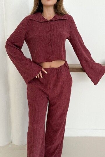 Geniş Kol Crop Gömlek Ve Beli Lastikli Pantolon Fitilli Takım