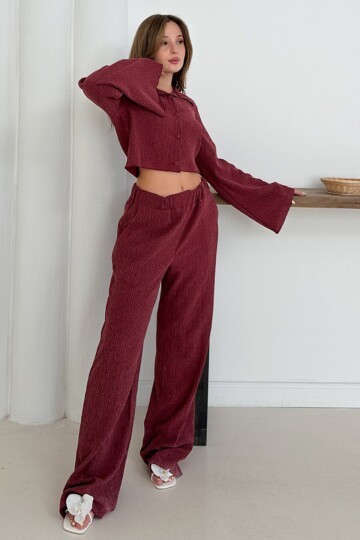 Geniş Kol Crop Gömlek Ve Beli Lastikli Pantolon Fitilli Takım