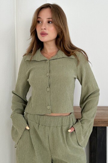 Geniş Kol Crop Gömlek Ve Beli Lastikli Pantolon Fitilli Takım