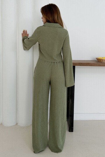 Geniş Kol Crop Gömlek Ve Beli Lastikli Pantolon Fitilli Takım