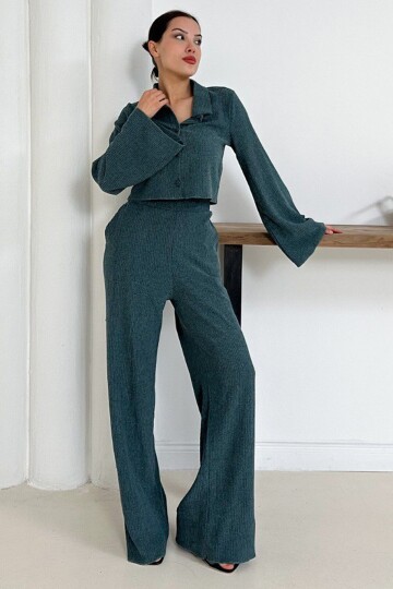 Geniş Kol Crop Gömlek Ve Beli Lastikli Pantolon Fitilli Takım