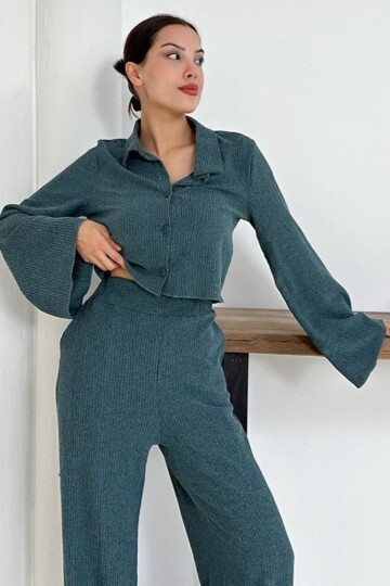 Geniş Kol Crop Gömlek Ve Beli Lastikli Pantolon Fitilli Takım