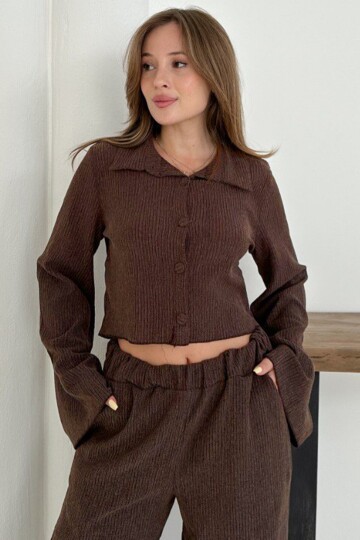 Geniş Kol Crop Gömlek Ve Beli Lastikli Pantolon Fitilli Takım