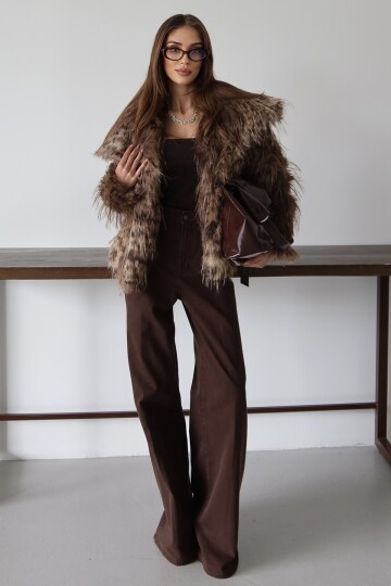 Geniş Yaka Püsküllü Premium Kürk Ceket