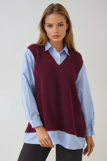 Gömlek Detaylı V Yaka Triko Süveter Bluz