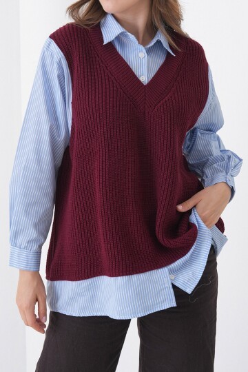 Gömlek Detaylı V Yaka Triko Süveter Bluz