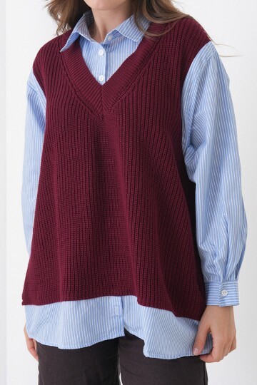 Gömlek Detaylı V Yaka Triko Süveter Bluz