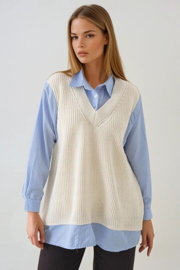 Gömlek Detaylı V Yaka Triko Süveter Bluz