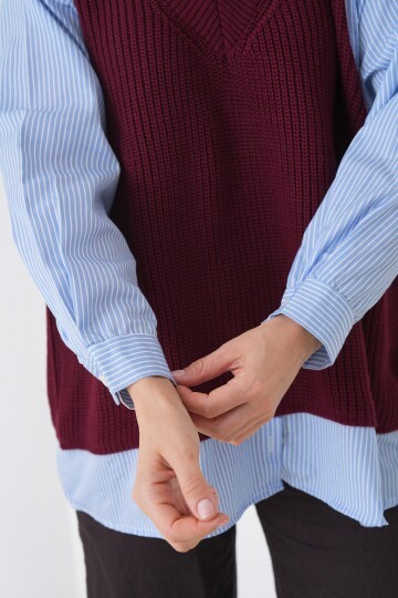 Gömlek Detaylı V Yaka Triko Süveter Bluz