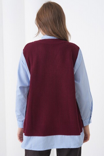 Gömlek Detaylı V Yaka Triko Süveter Bluz