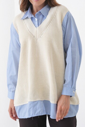 Gömlek Detaylı V Yaka Triko Süveter Bluz