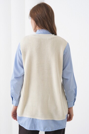 Gömlek Detaylı V Yaka Triko Süveter Bluz