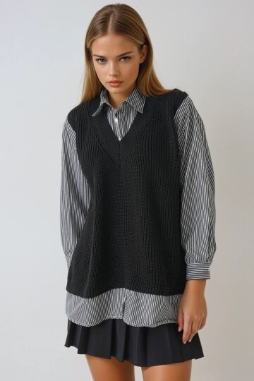 Gömlek Detaylı V Yaka Triko Süveter Bluz