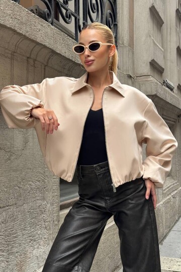 Gömlek Yaka Beli ve Kolları Lastikli Bomber Ceket