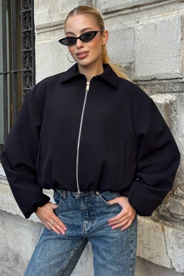 Gömlek Yaka Beli ve Kolları Lastikli Bomber Ceket
