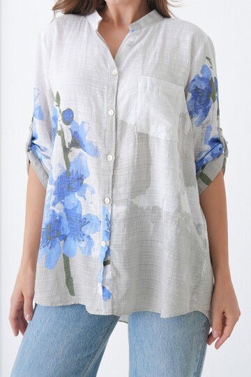 Hakim Yaka Çiçek Desenli Keten Gömlek