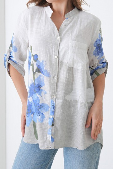 Hakim Yaka Çiçek Desenli Keten Gömlek