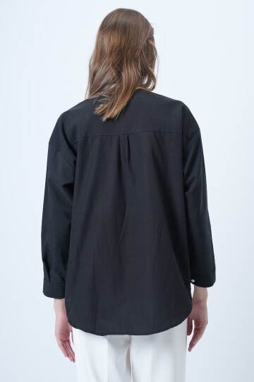 Kadife Kurdela Detaylı Kontrast Düğmeli Oversize Dokuma Gömlek