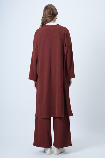 Kadife Uzun Ceket Ve Bol Kesim Kendinden Kordonlu Pantolon Takım