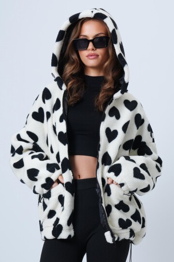 Kalpli Dik Yaka İçi Astarlı Cepli Oversize Peluş Mont