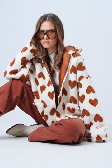 Kalpli Dik Yaka İçi Astarlı Cepli Oversize Peluş Mont