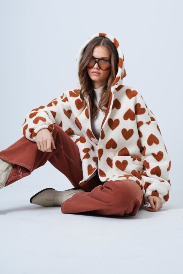 Kalpli Dik Yaka İçi Astarlı Cepli Oversize Peluş Mont