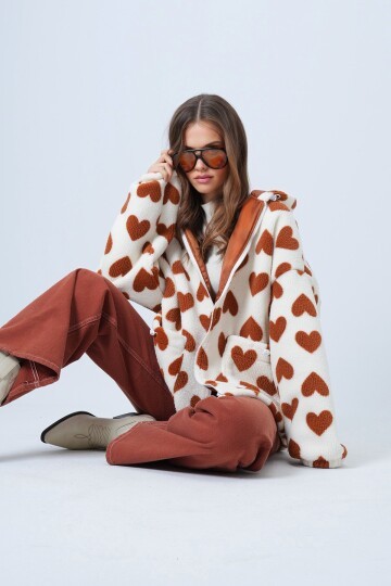 Kalpli Dik Yaka İçi Astarlı Cepli Oversize Peluş Mont