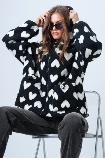 Kalpli Dik Yaka İçi Astarlı Cepli Oversize Peluş Mont