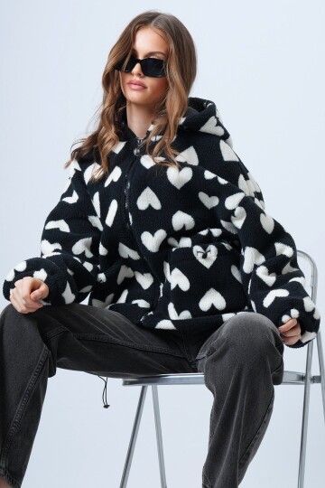 Kalpli Dik Yaka İçi Astarlı Cepli Oversize Peluş Mont