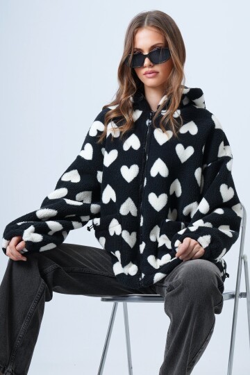 Kalpli Dik Yaka İçi Astarlı Cepli Oversize Peluş Mont