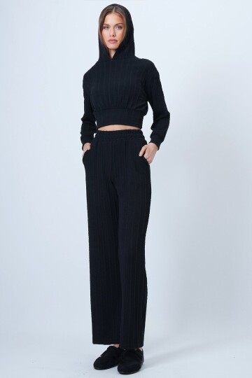 Kapüşonlu Ajurlu Triko Sweat Ve Beli Lastikli Palazzo Pantolon