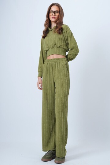 Kapüşonlu Ajurlu Triko Sweat Ve Beli Lastikli Palazzo Pantolon