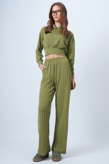 Kapüşonlu Ajurlu Triko Sweat Ve Beli Lastikli Palazzo Pantolon