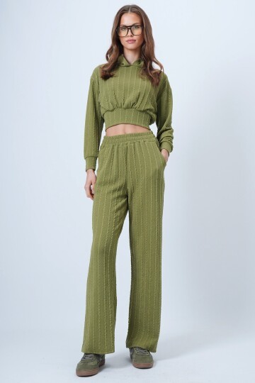 Kapüşonlu Ajurlu Triko Sweat Ve Beli Lastikli Palazzo Pantolon