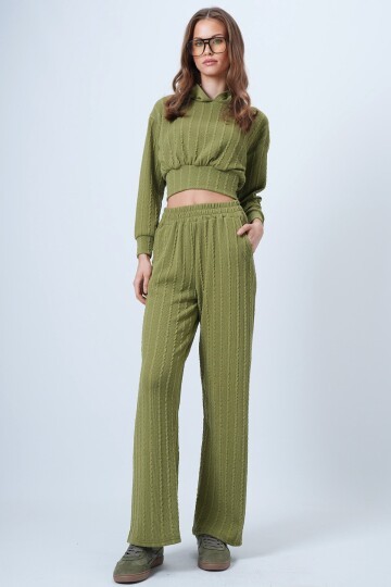 Kapüşonlu Ajurlu Triko Sweat Ve Beli Lastikli Palazzo Pantolon