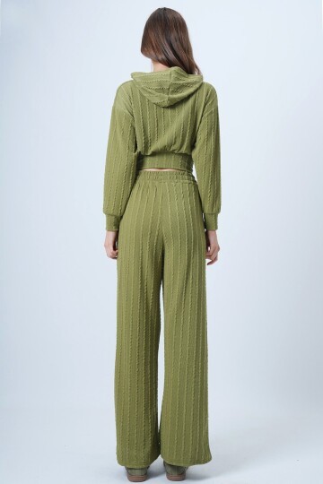 Kapüşonlu Ajurlu Triko Sweat Ve Beli Lastikli Palazzo Pantolon