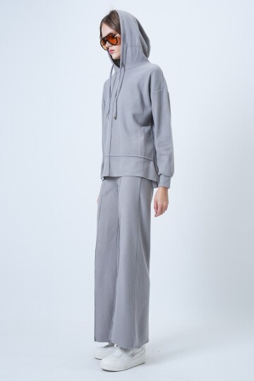 Kapüşonlu Önü Çımalı Sweatshirt Ve Beli Lastikli Palazzo Triko Takım