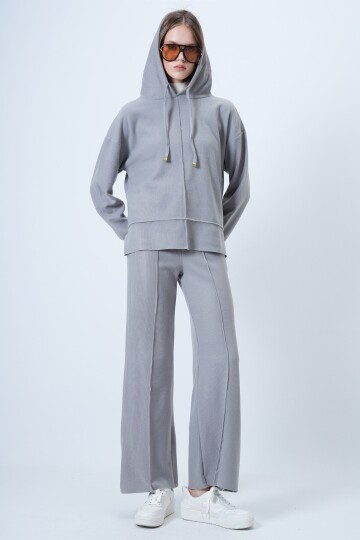 Kapüşonlu Önü Çımalı Sweatshirt Ve Beli Lastikli Palazzo Triko Takım