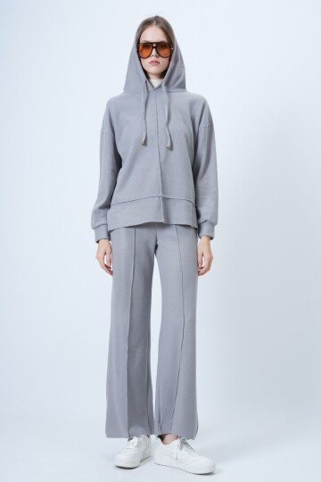 Kapüşonlu Önü Çımalı Sweatshirt Ve Beli Lastikli Palazzo Triko Takım