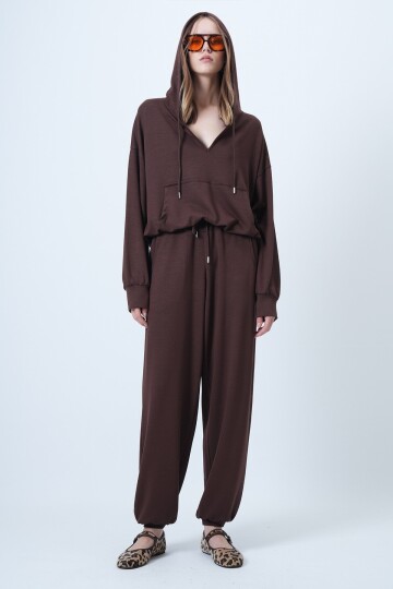 Kapüşonlu V Yaka Oversize Pamuklu Sweatshırt Ve Pantolonlu Takım