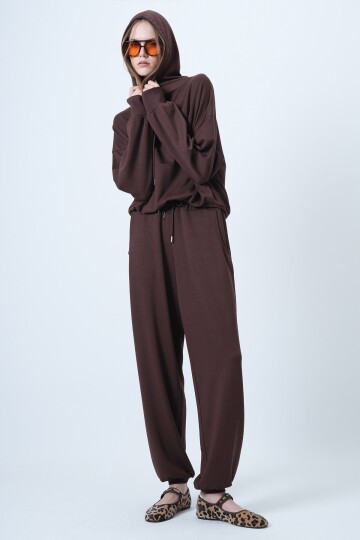 Kapüşonlu V Yaka Oversize Pamuklu Sweatshırt Ve Pantolonlu Takım