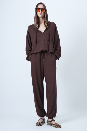 Kapüşonlu V Yaka Oversize Pamuklu Sweatshırt Ve Pantolonlu Takım