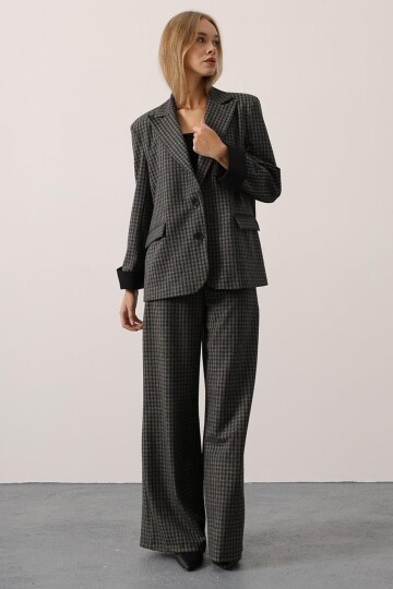 Kazayağı Desenli Oversize Blazer Ceket Ve Palazzo Pantolon Takım