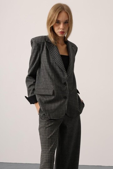 Kazayağı Desenli Oversize Blazer Ceket Ve Palazzo Pantolon Takım