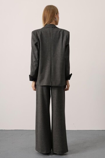 Kazayağı Desenli Oversize Blazer Ceket Ve Palazzo Pantolon Takım