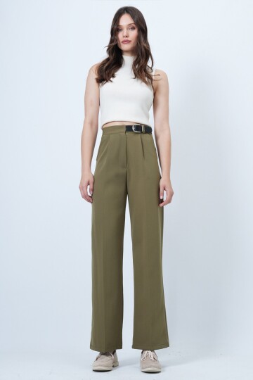 Kemerli Düğme Kapamalı Çift Cepli Palazzo Pantolon