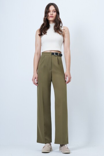 Kemerli Düğme Kapamalı Çift Cepli Palazzo Pantolon