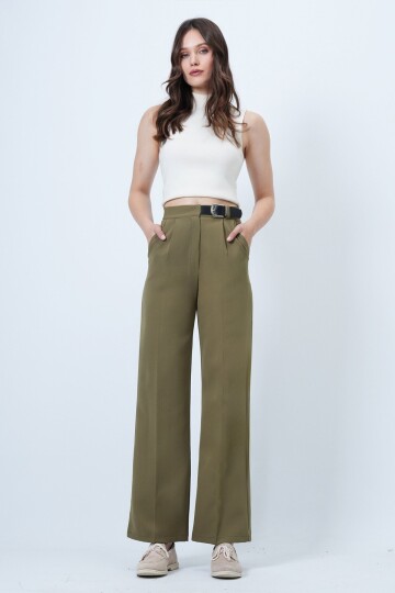 Kemerli Düğme Kapamalı Çift Cepli Palazzo Pantolon