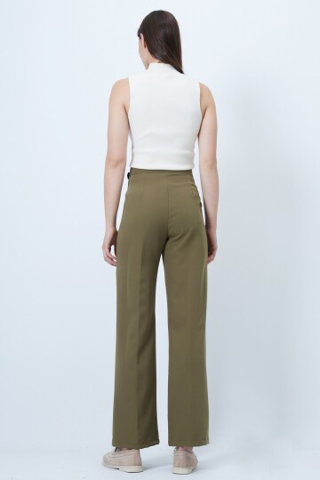 Kemerli Düğme Kapamalı Çift Cepli Palazzo Pantolon